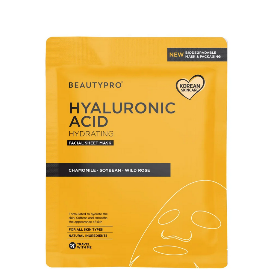 Yellow facial sheet mask packaging with 'BEAUTYPRO' branding on a white background