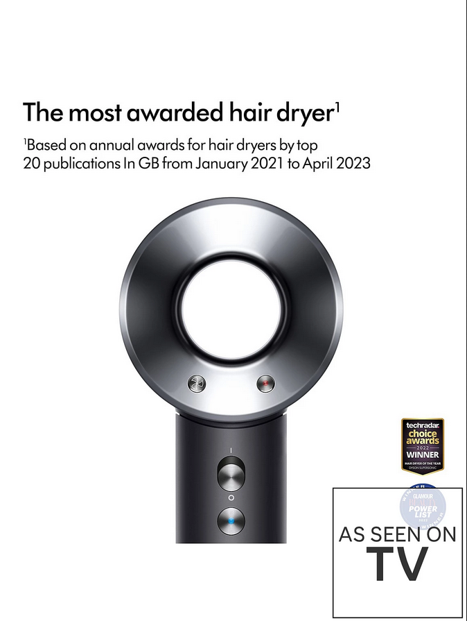 Hair dryer with branding and awards on a white background