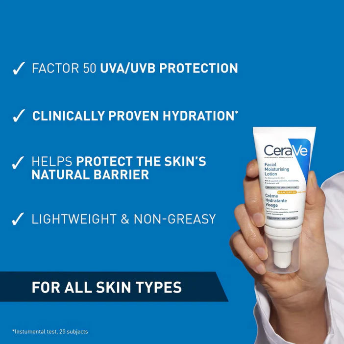 CeraVe facial moisturizing lotion held by a hand with product features listed on a blue background
