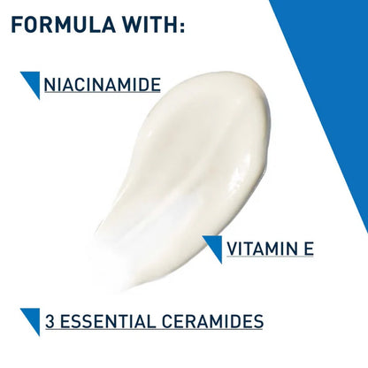 CeraVe Facial Moisturising Lotion SPF25 Product formula with Niacinamide, Vitamin E, and 3 Essential Ceramides shown on a white background with blue accents.
