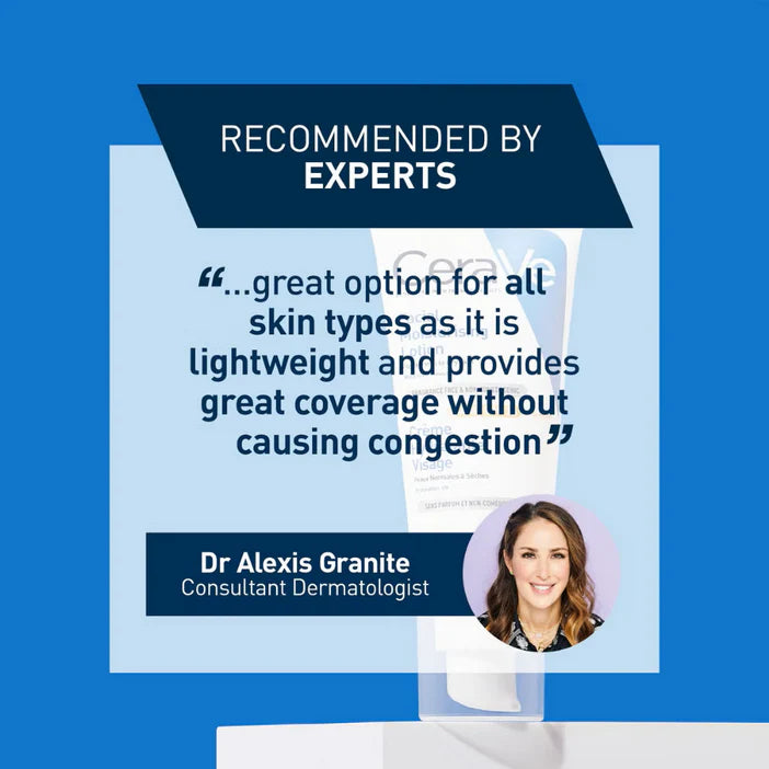 CeraVe Facial Moisturising Lotion SPF25 Product with dermatologist endorsement on a blue background