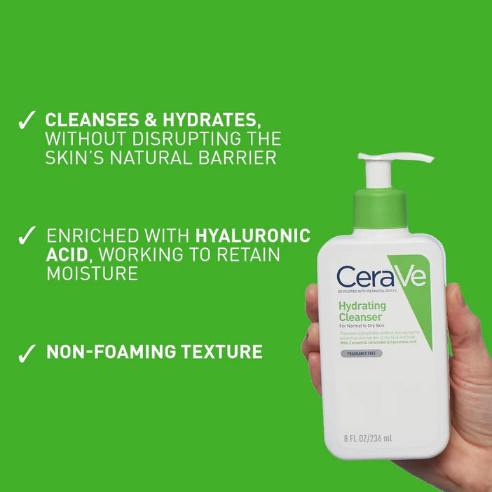 CeraVe hydrating cleanser bottle held by a hand with product features on a green background