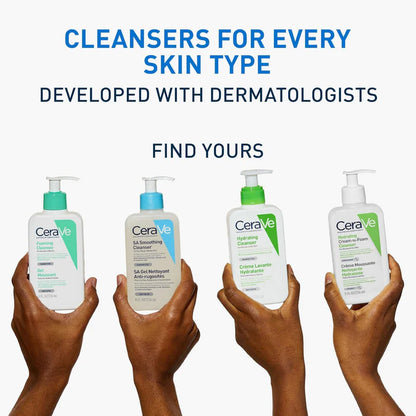 Four CeraVe cleanser bottles held by different skin tones with promotional text.