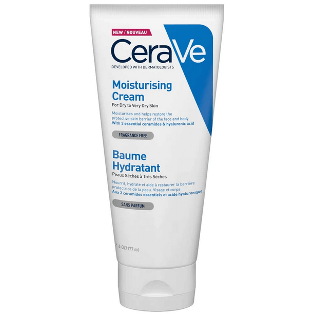 CeraVe Moisturising Cream tube, dermatologist-developed for dry skin, fragrance-free, with ceramides and hyaluronic acid.
