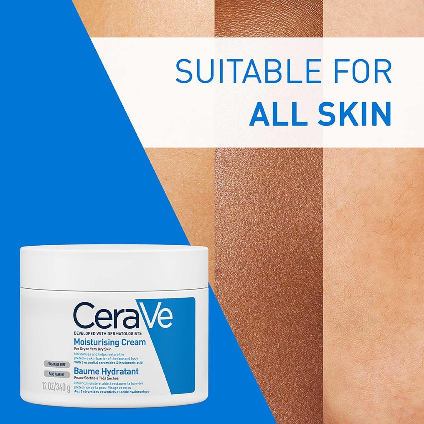 CeraVe moisturizing cream jar with skin color swatches and 'Suitable for all skin' text on a blue background