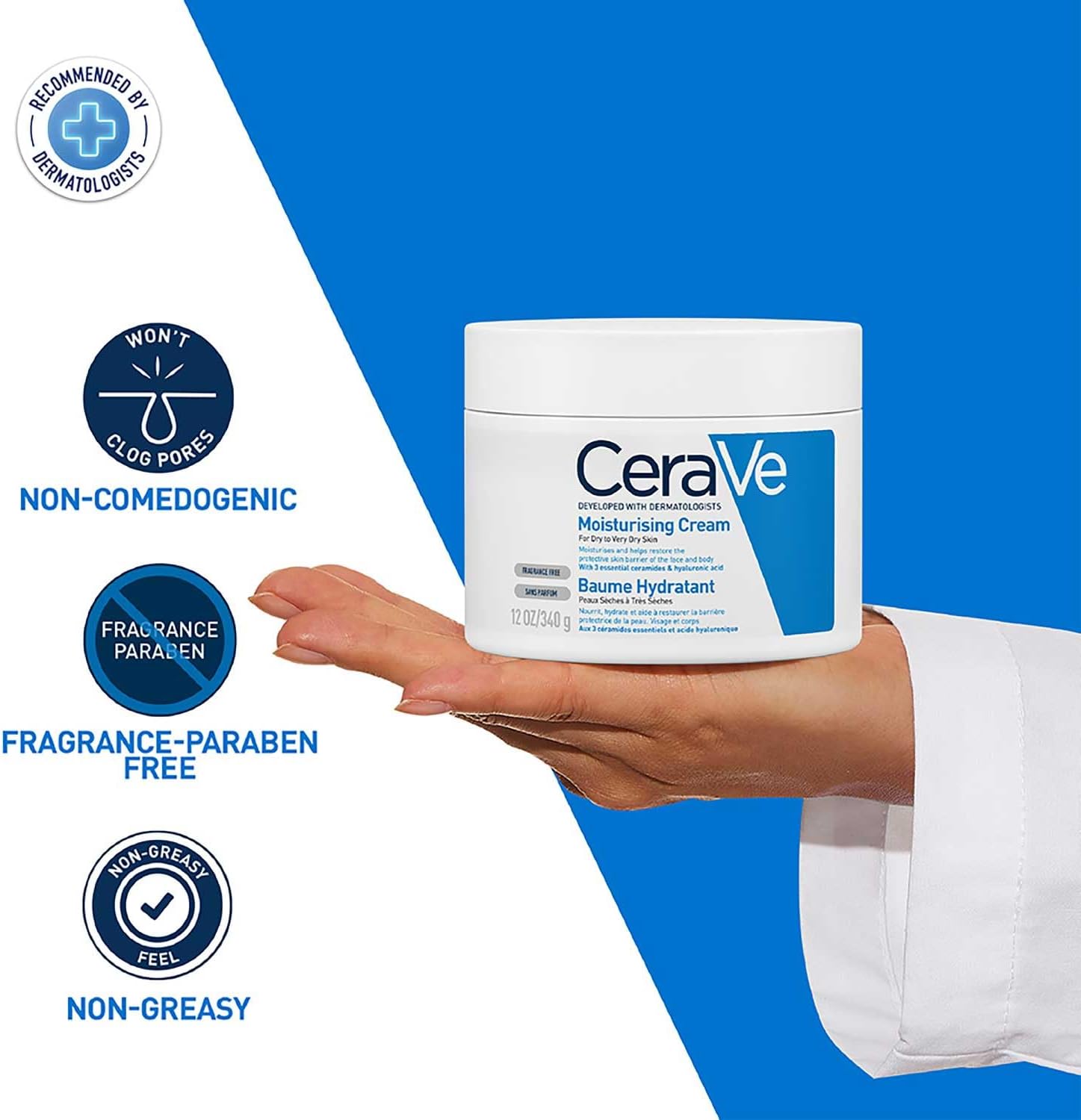 CeraVe moisturizing cream jar held by a hand with product features listed on a blue and white background