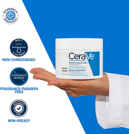 CeraVe moisturizing cream jar held by a hand with product features listed on a blue and white background
