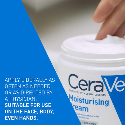 CeraVe moisturizing cream with text on a blue background