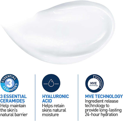 CeraVe Moisturising Cream 340g product with text highlighting ingredients like ceramides, hyaluronic acid, and MVE technology on a white background.