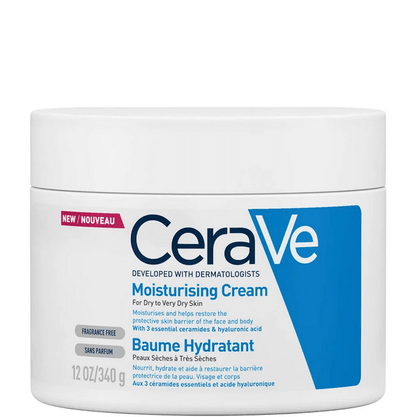CeraVe Moisturising Cream jar for dry to very dry skin, dermatologist-developed, fragrance-free, contains ceramides and hyaluronic acid.