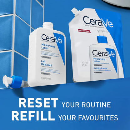 CeraVe moisturizing lotion packaging on a blue tiled background with promotional text.