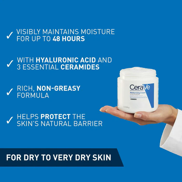CeraVe moisturizing cream jar held by a hand with product features listed on a blue background