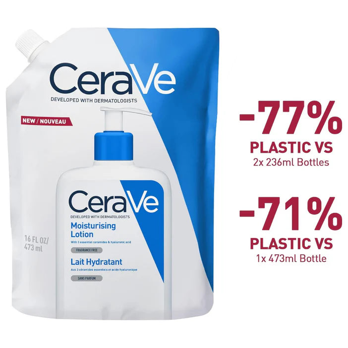 CeraVe moisturizing lotion packaging with sustainability benefits displayed.
