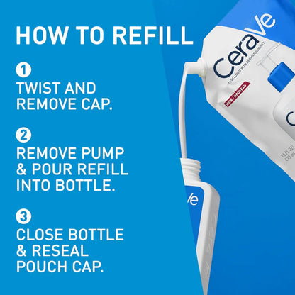 CeraVe refillable pump system with instructions on a blue background