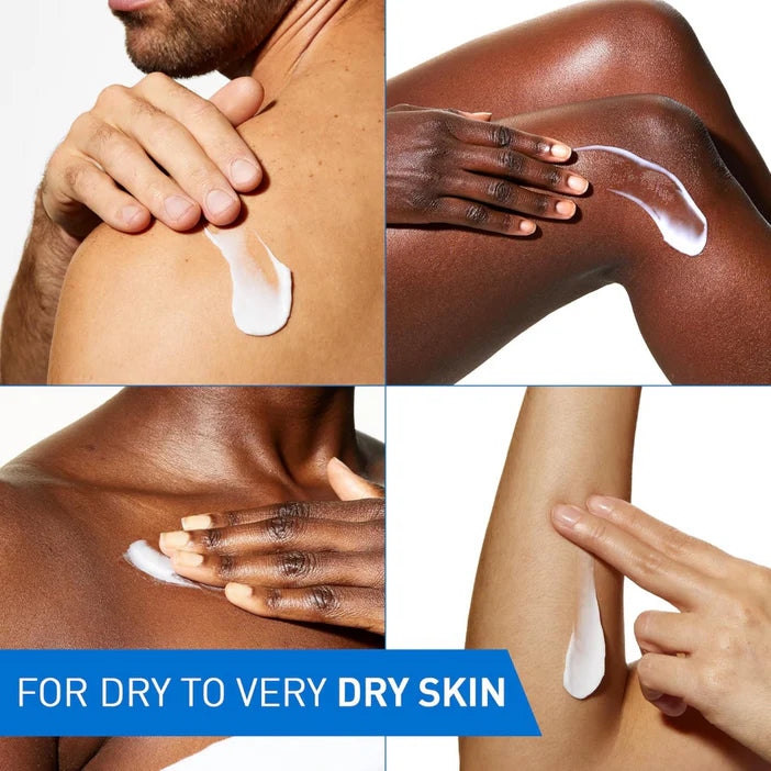 Collage of hands applying aCeraVe Moisturising Cream 454g  white cream to different skin tones with text 'FOR DRY TO VERY DRY SKIN'.