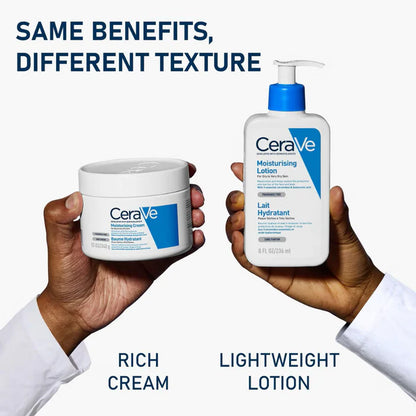 CeraVe moisturizing cream and lotion held by hands with text 'Same benefits, different texture'.