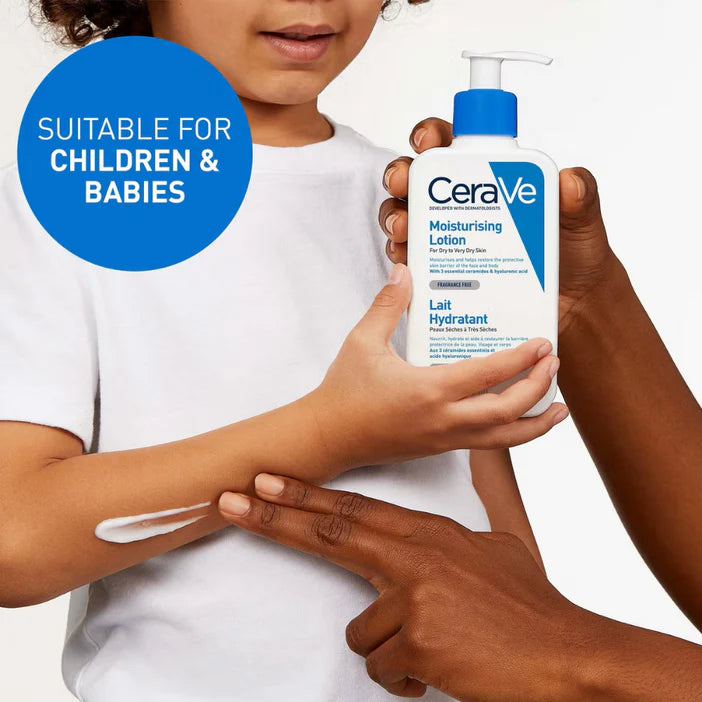 CeraVe moisturizing lotion being applied to a child's arm with a focus on suitability for children and babies.