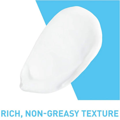 White cosmetic pad on a blue background with text 'RICH, NON-GREASY TEXTURE'.