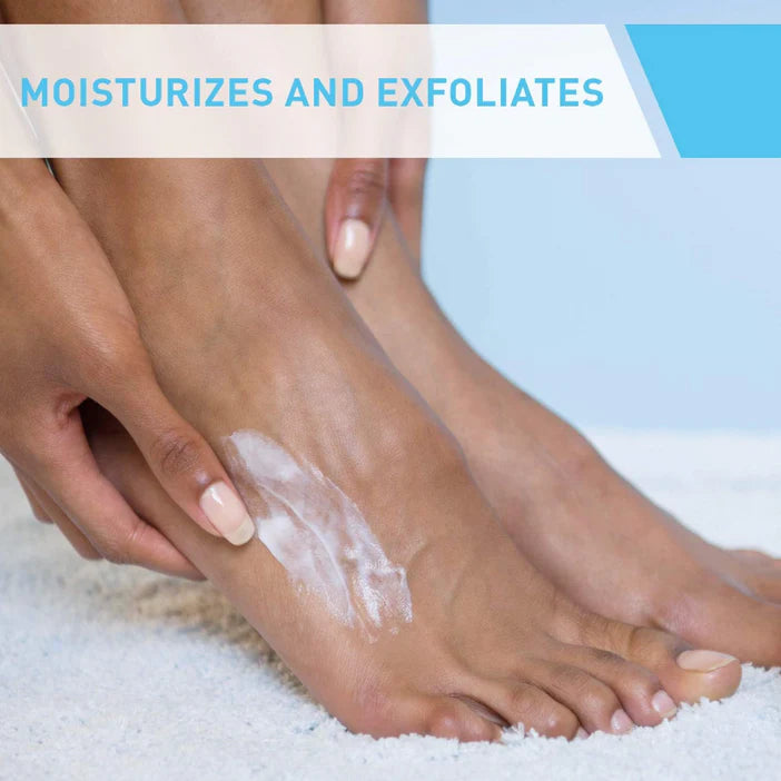 Person applying cream to their foot with a blue banner above reading 'MOISTURIZES AND EXFOLIATES'.