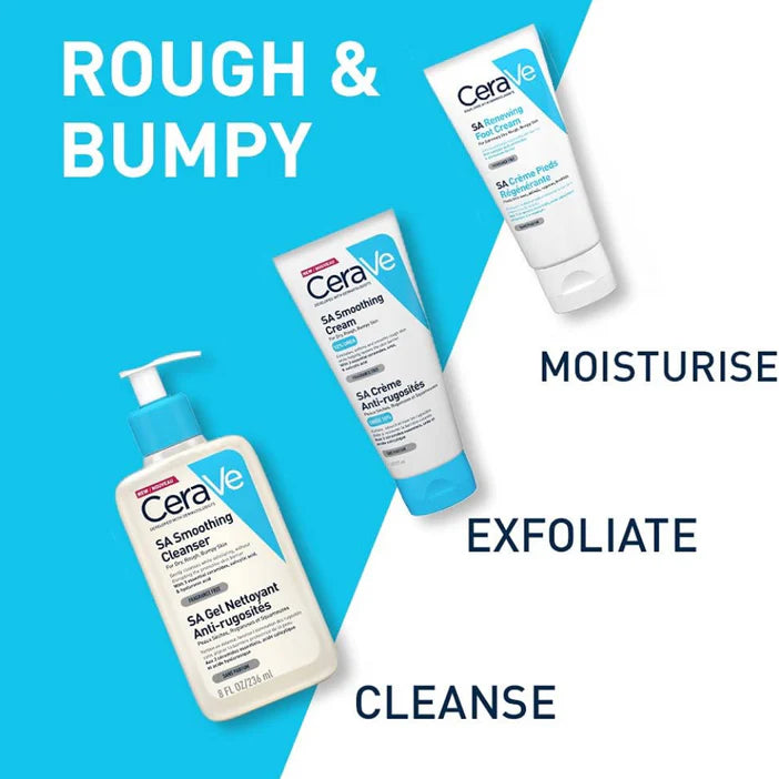 CeraVe skincare products on a blue and white background with text indicating their uses.