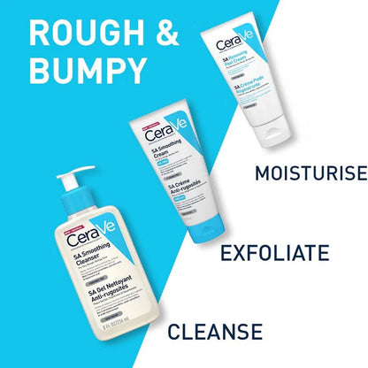 CeraVe skincare products on a blue and white background with text indicating their uses.