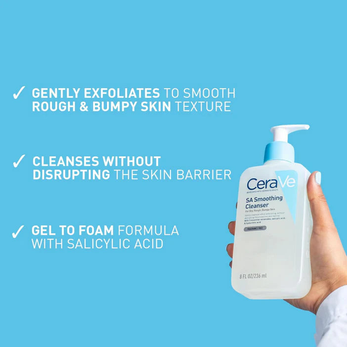 CeraVe SA Smoothing Cleanser bottle held by a hand with product features on a blue background