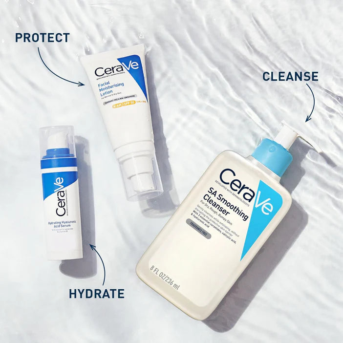 CeraVe skincare products on a textured white background with labels for protect, cleanse, and hydrate.