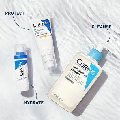 CeraVe skincare products on a textured white background with labels for protect, cleanse, and hydrate.