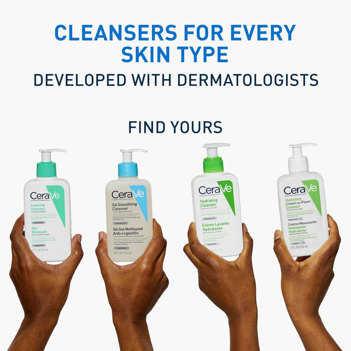 Four CeraVe cleanser bottles held by different skin tones with promotional text on a white background