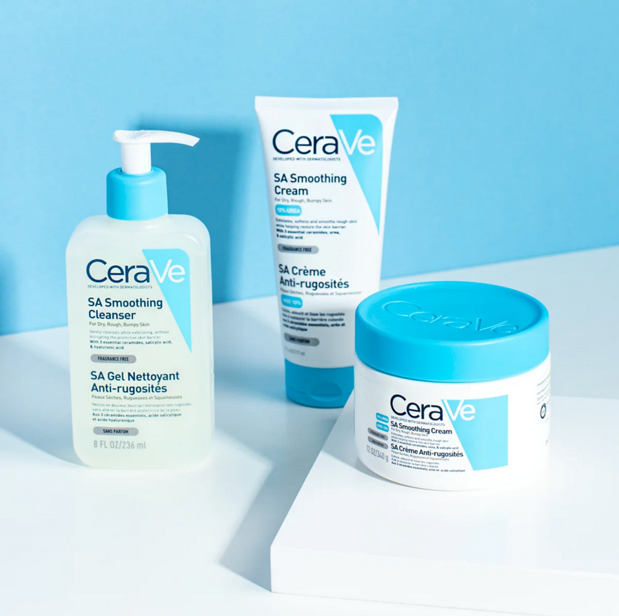 Cerave skincare products including cleanser, cream, and jar on a light blue background