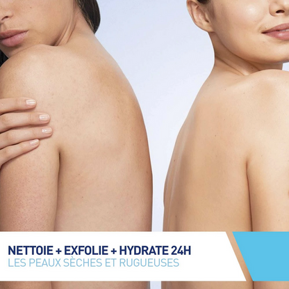 Before and after comparison of CeraVe SA Smoothing Cream dry and rough skin with text indicating skincare benefits.