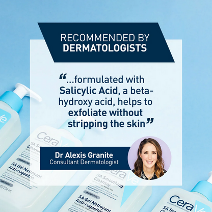 CeraVe SA Smoothing Cream products with dermatologist endorsement on a blue background