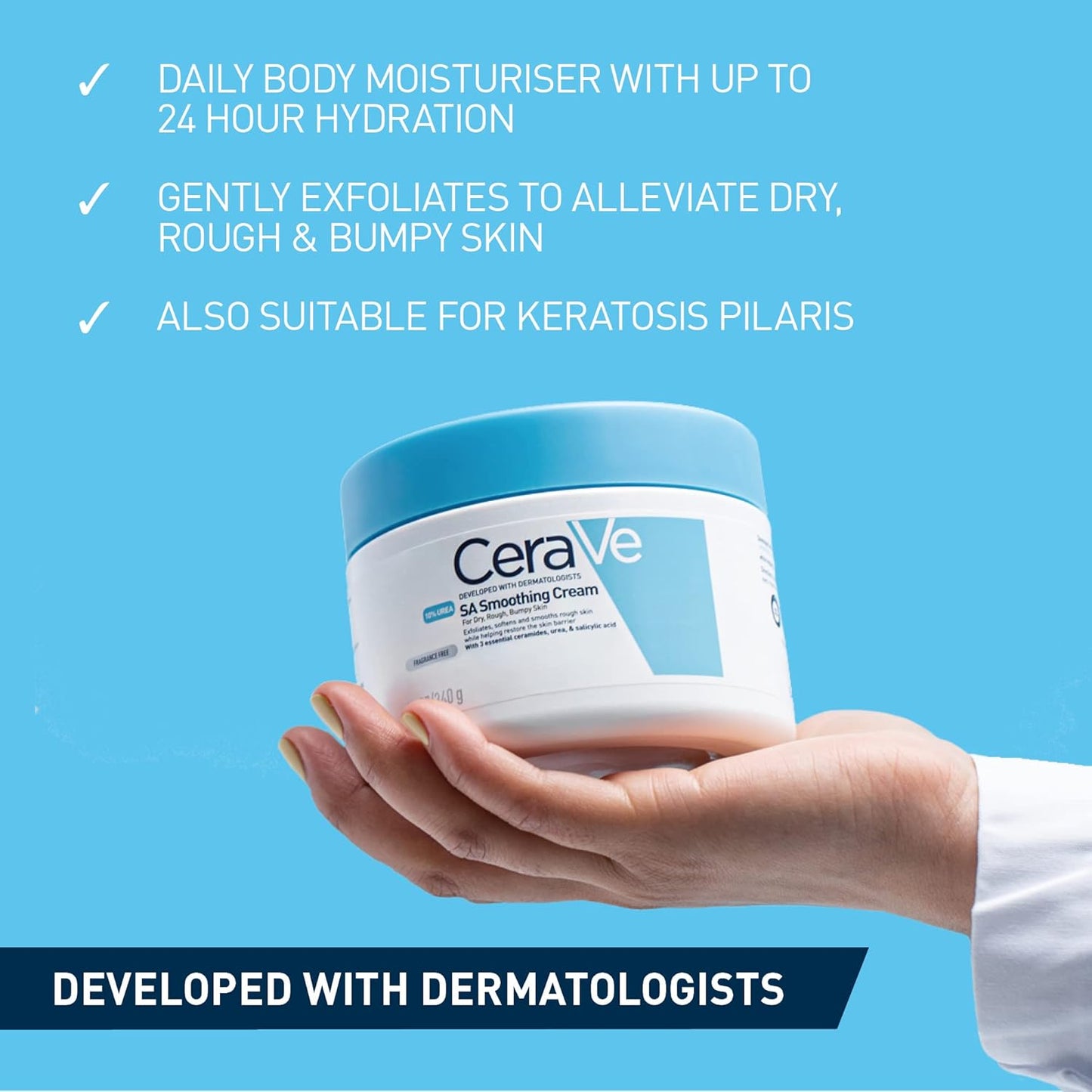 CeraVe daily body moisturizer jar held by a hand with product features listed on a blue background