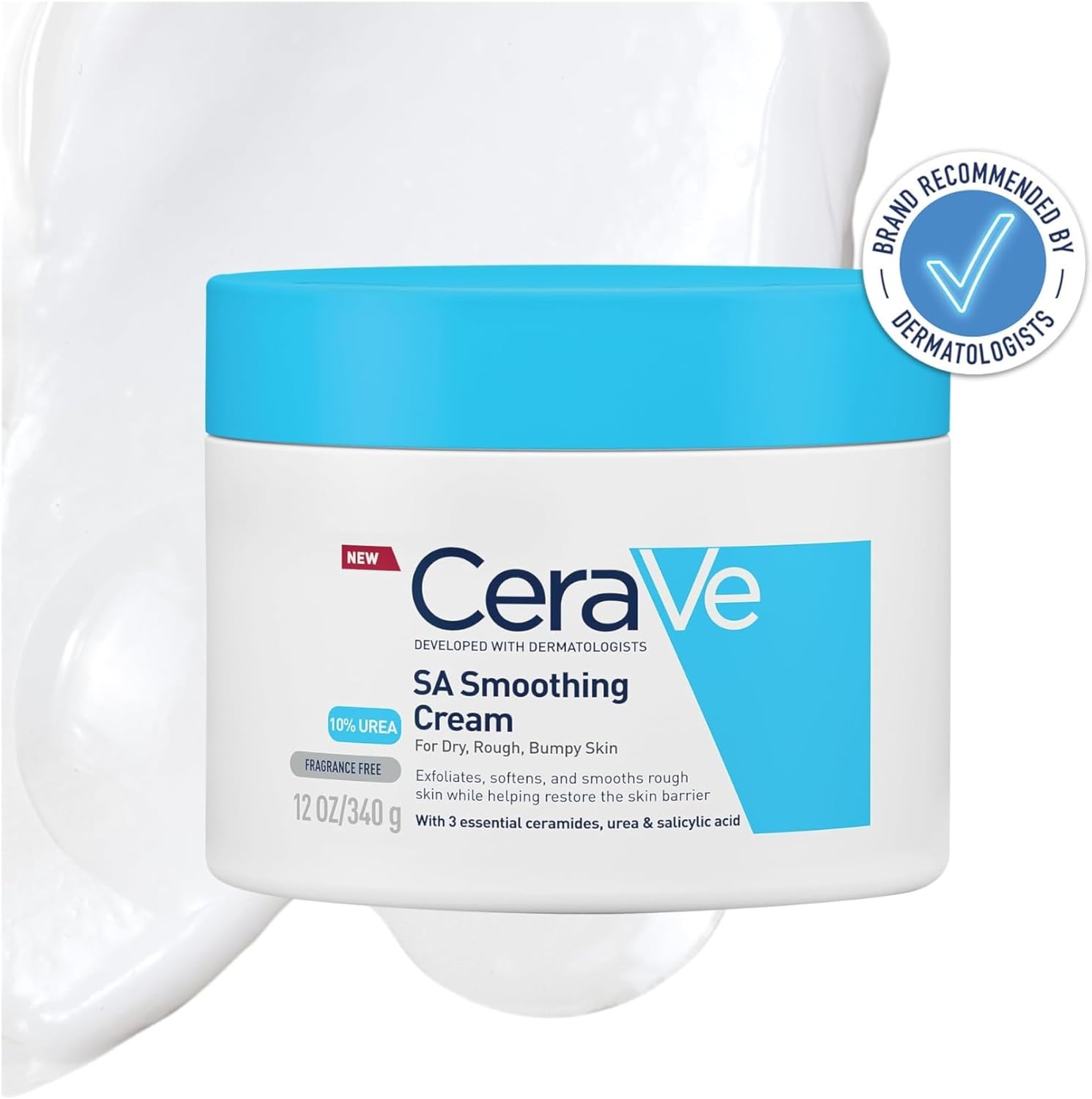 CeraVe SA Smoothing Cream jar with blue lid on a white background