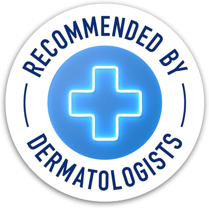 CeraVe Circular badge with blue cross and text 'Recommended by Dermatologists' on a white background