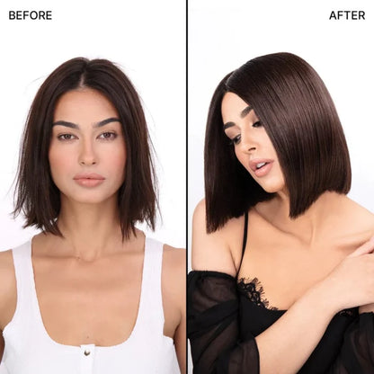 Before and after comparison of a woman with a haircut, wearing a white top on the left and a black top on the right.Color Wow Dream Coat Supernatural Spray 200m