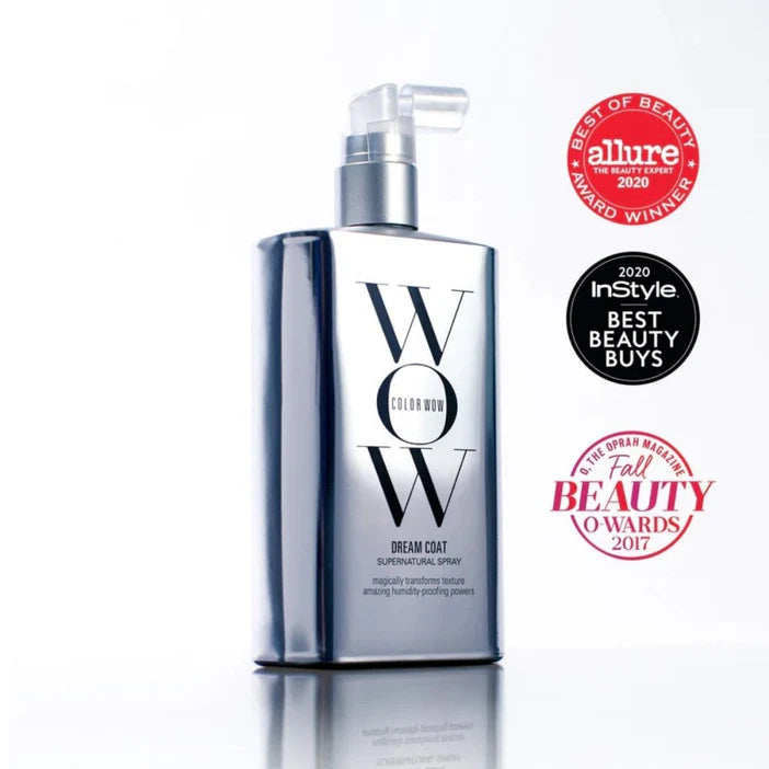 Bottle of 'Wow' product with awards on a white background Color Wow Dream Coat Supernatural Spray 200m