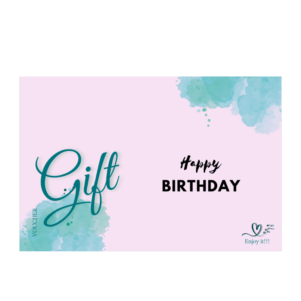 Gift voucher for birthday celebration with a pink background and teal watercolor design.