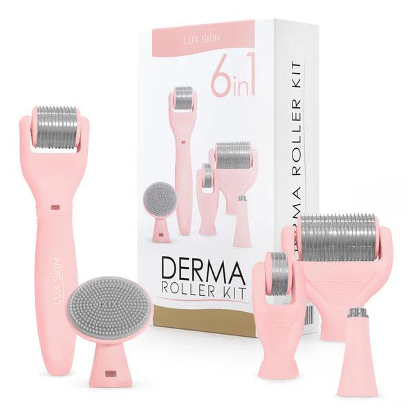 LUX SKIN® 6-In-1 Derma Roller Kit with five head attachments and packaging, perfect for at-home skincare.