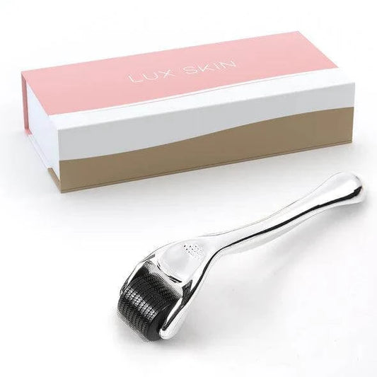 LUX SKIN® Microneedle Derma Roller beside its elegant packaging for effective skin rejuvenation.