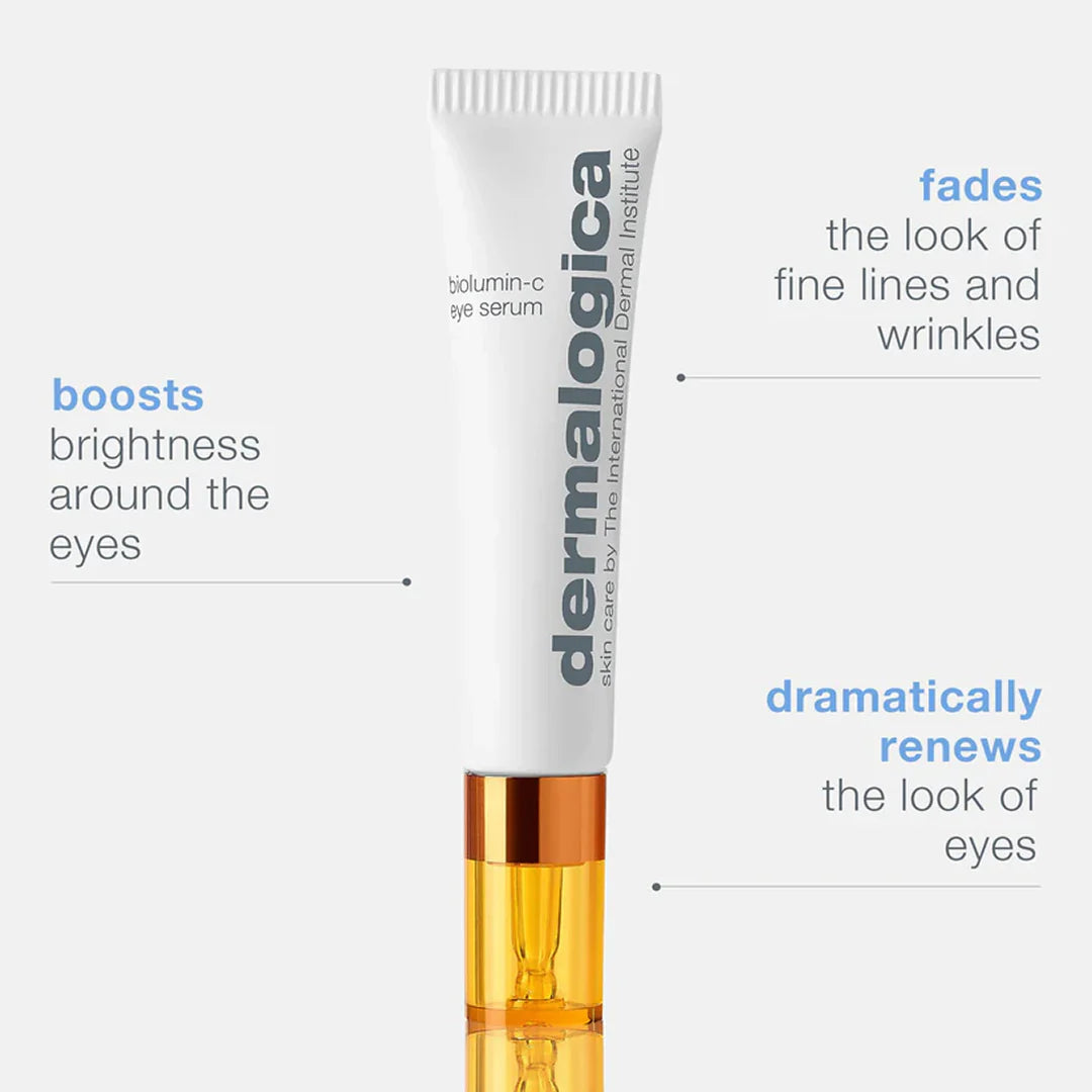 Dermalogica eye serum tube with text highlighting benefits on a white background