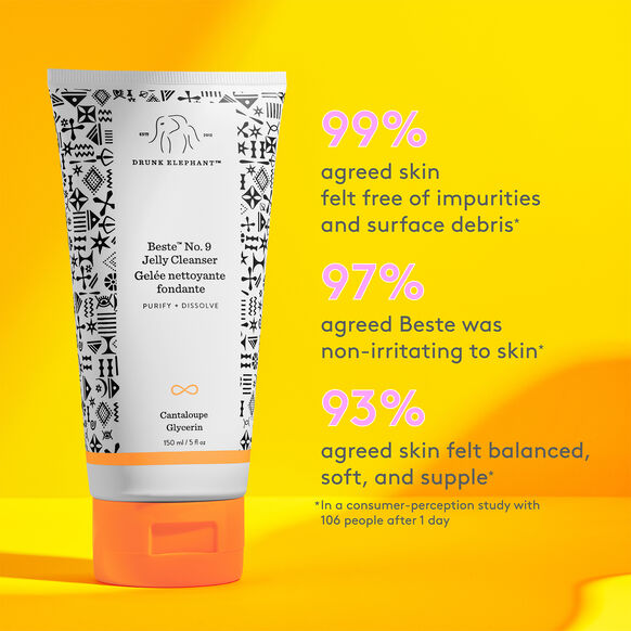 Drunk Elephant jelly cleanser with consumer-perception study statistics on a yellow background