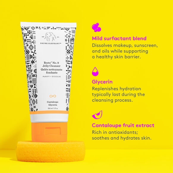 Drunk Elephant jelly cleanser with product details on a yellow background