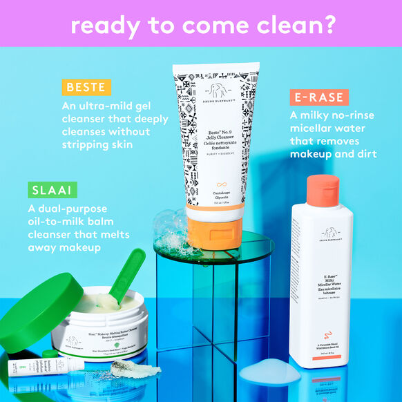 Drunk Elephant Cosmetic products with text describing their uses on a colorful background