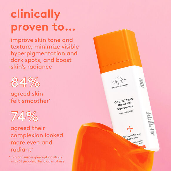 Drunk Elephant C-firma Fresh Day Serum skincare serum bottle with text on a pink background