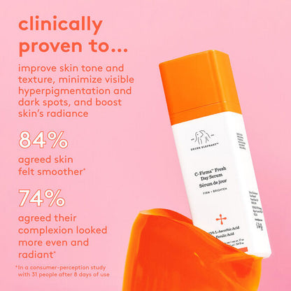 Drunk Elephant C-firma Fresh Day Serum skincare serum bottle with text on a pink background