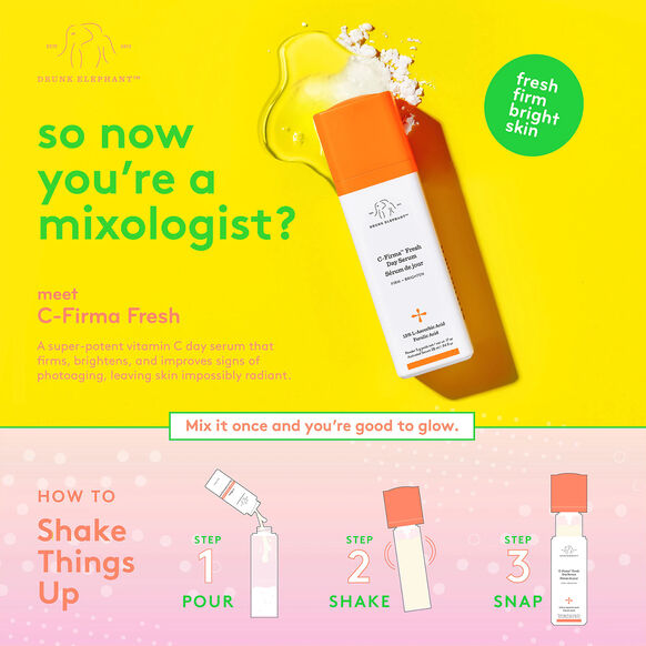 Drunk Elephant C-firma Fresh Day Serum bottle with product description and usage instructions on a yellow and pink gradient background.