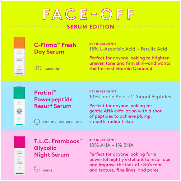 Product display of Drunk Elephant C-Firma Fresh Day Serum, Protini Powerpeptide Resurf Serum, and T.L.
