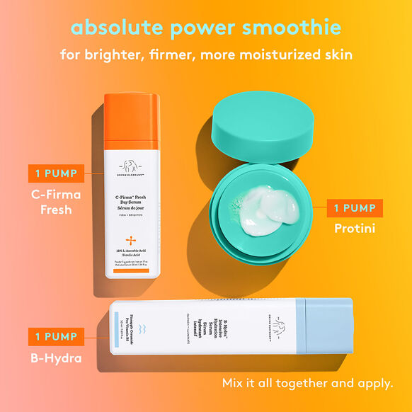 Cosmetic products Drunk Elephant C-firma Fresh Day Serum with pump dispensers on an orange background, labeled for use in a power smoothie for skincare.