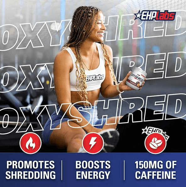 EHP Labs OxyShred Juicy Watermelon fat burner promoting energy and fat loss, featuring woman enjoying product.